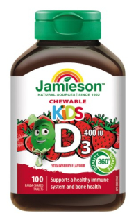 Jamieson Vitamín D3 Kids 400 IU tablety na cmúľanie s príchuťou jahody pre deti 100tbl.